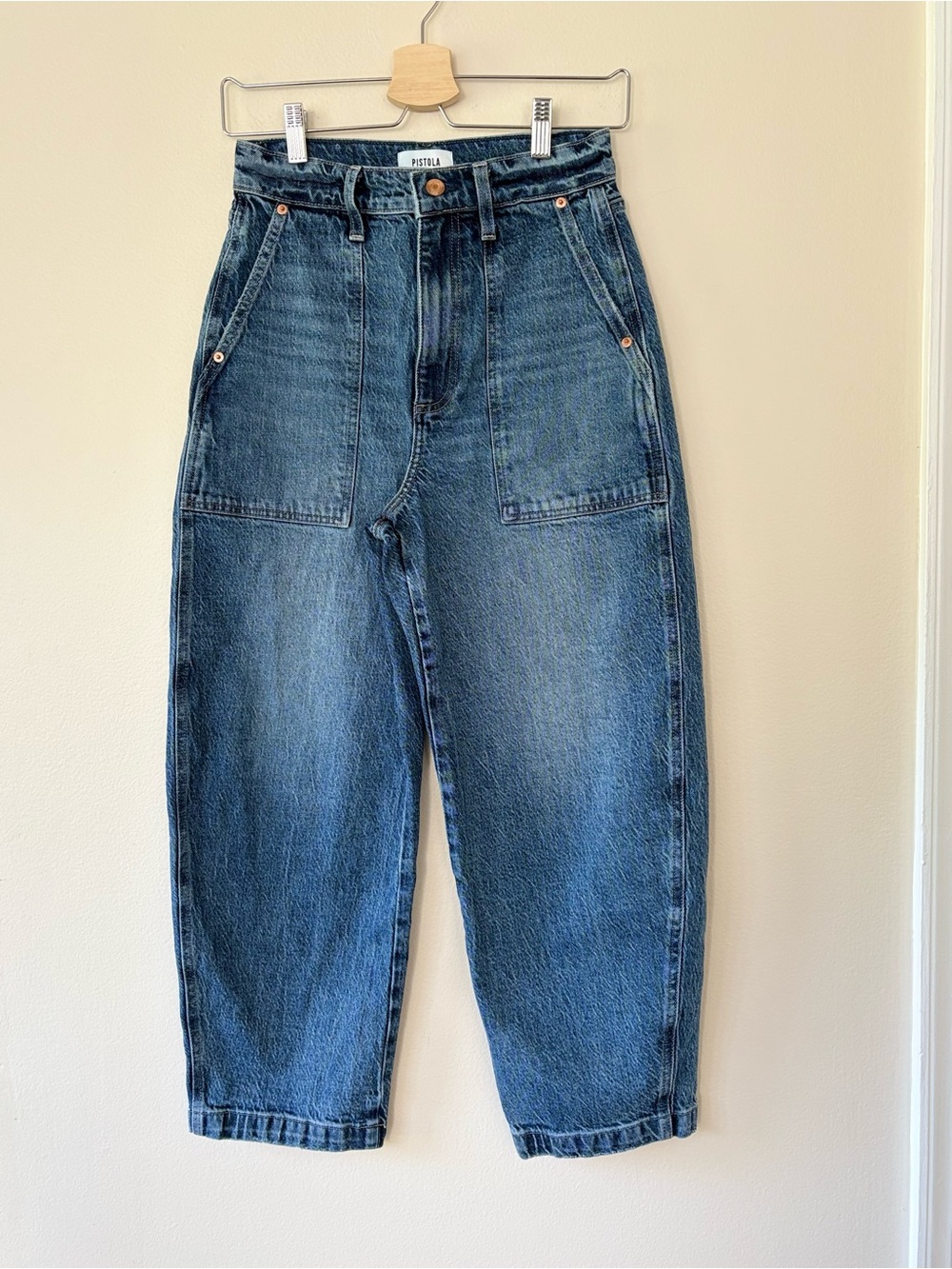 Pistola High Rise Barrel Leg Cropped Jeans Size 26 Blue Utility Pocket Denim